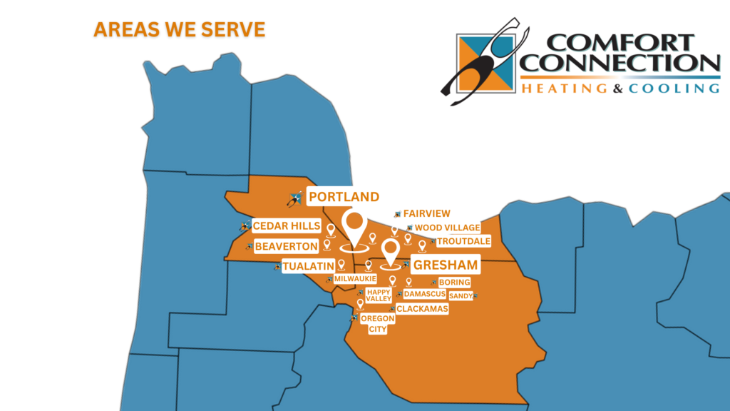 Areas Served by Comfort Connection Map of Oregon with Multnomah, Washington and Clackamas counties highlighted. It has the names of the cities served: Portland, Gresham, Beaverton, Fairview, Troutdale, Boring, Sandy, Happy valley and more